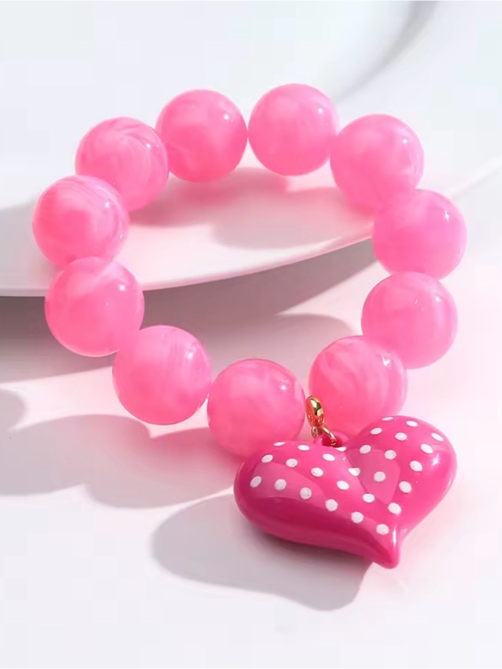 Pink gumball Beaded Bracelet with Polka Dot Heart Charm
